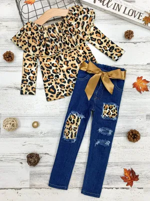 Autumn Leopard Patched Jeans Set