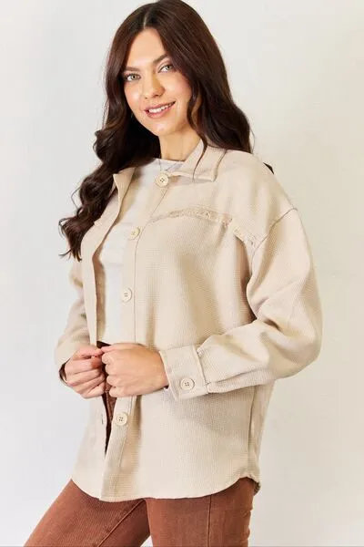 Beige Texture Button Down Fray Shacket