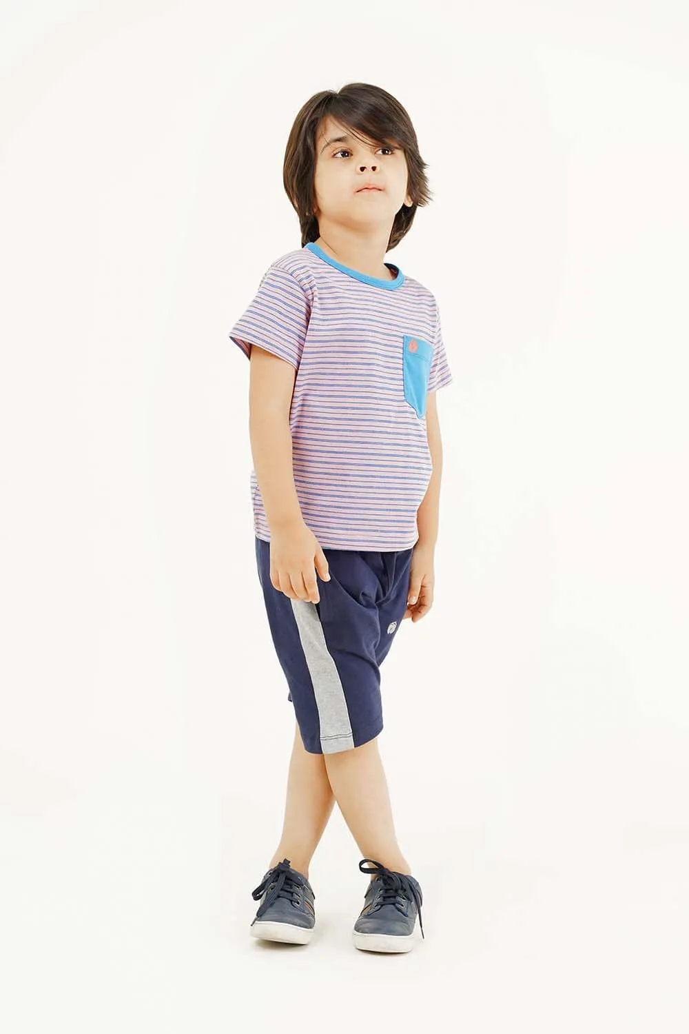 Boy's Short Sleeves Yarn Dyed Pocket Crew