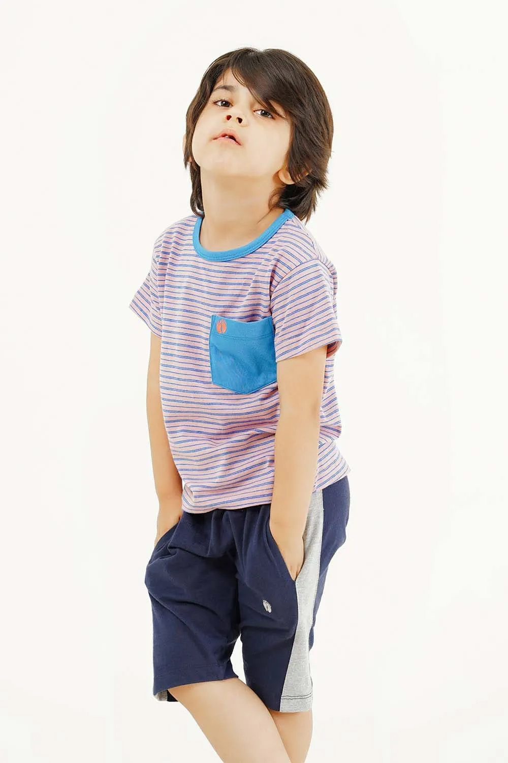 Boy's Short Sleeves Yarn Dyed Pocket Crew