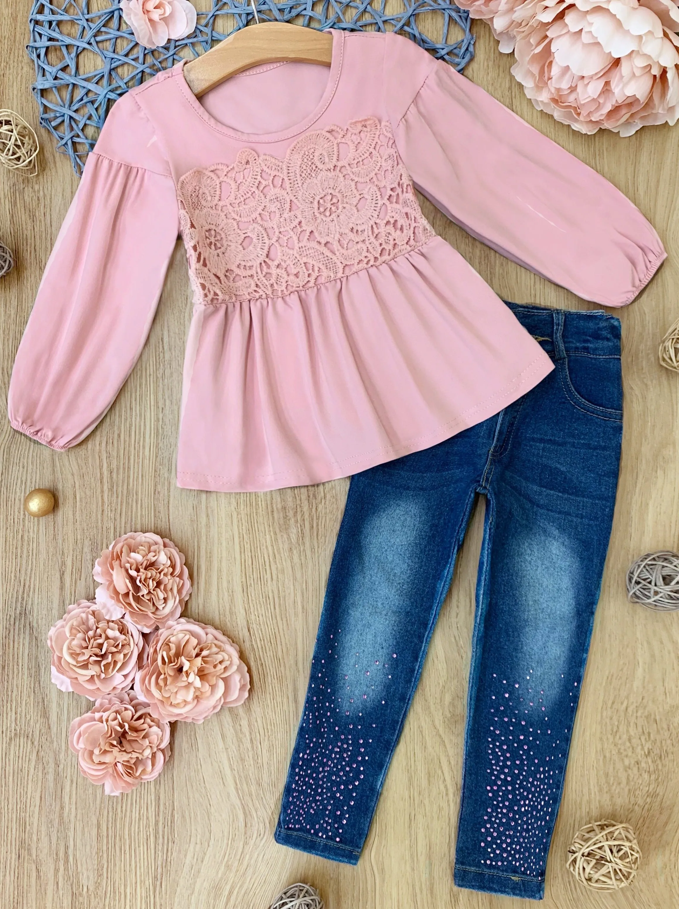 Charming Lace Sparkly Jeans Set