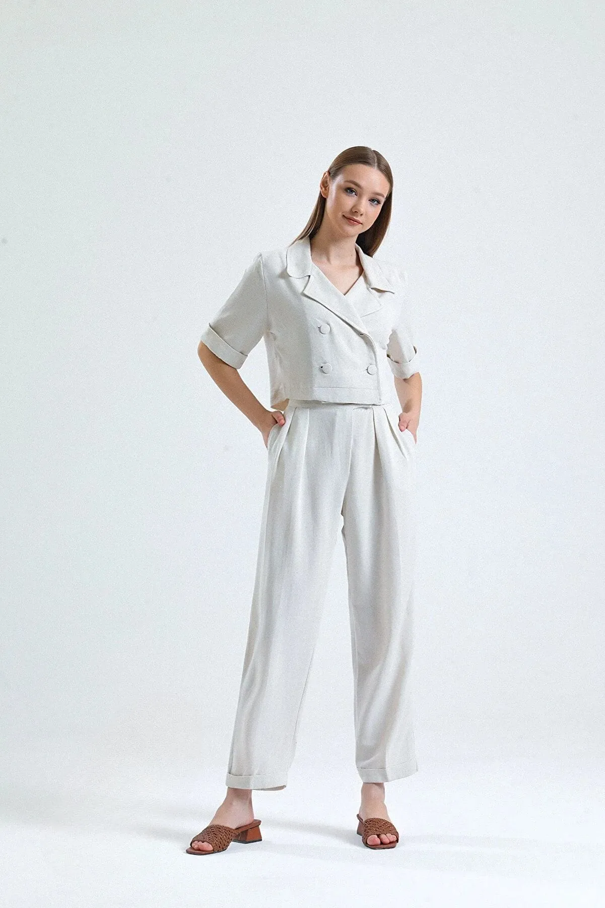 High Waist Plicated Detail Tailored Pants with Folded Hem - Beige