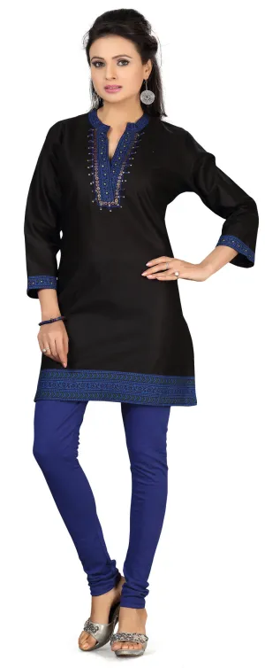 Long Kurti Top Tunic Cotton Embroidered Womens India Clothes (Black)