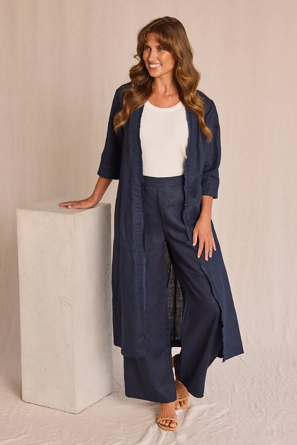 Long Line Fringed Linen Duster Jacket in Navy