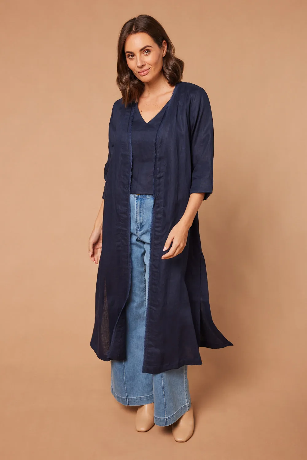 Long Line Fringed Linen Duster Jacket in Navy