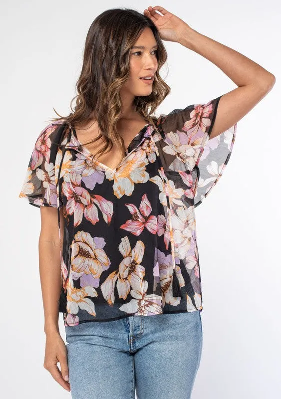 Lovestitch Floral Flutter Sleeve Tie Front Top