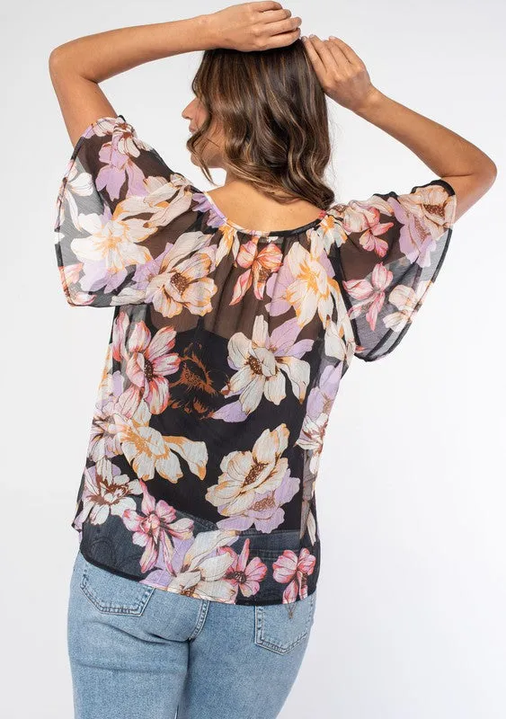 Lovestitch Floral Flutter Sleeve Tie Front Top