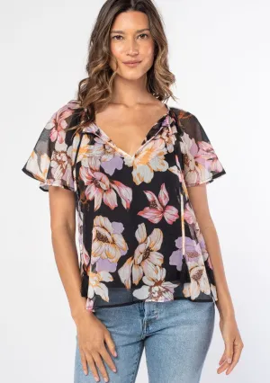 Lovestitch Floral Flutter Sleeve Tie Front Top