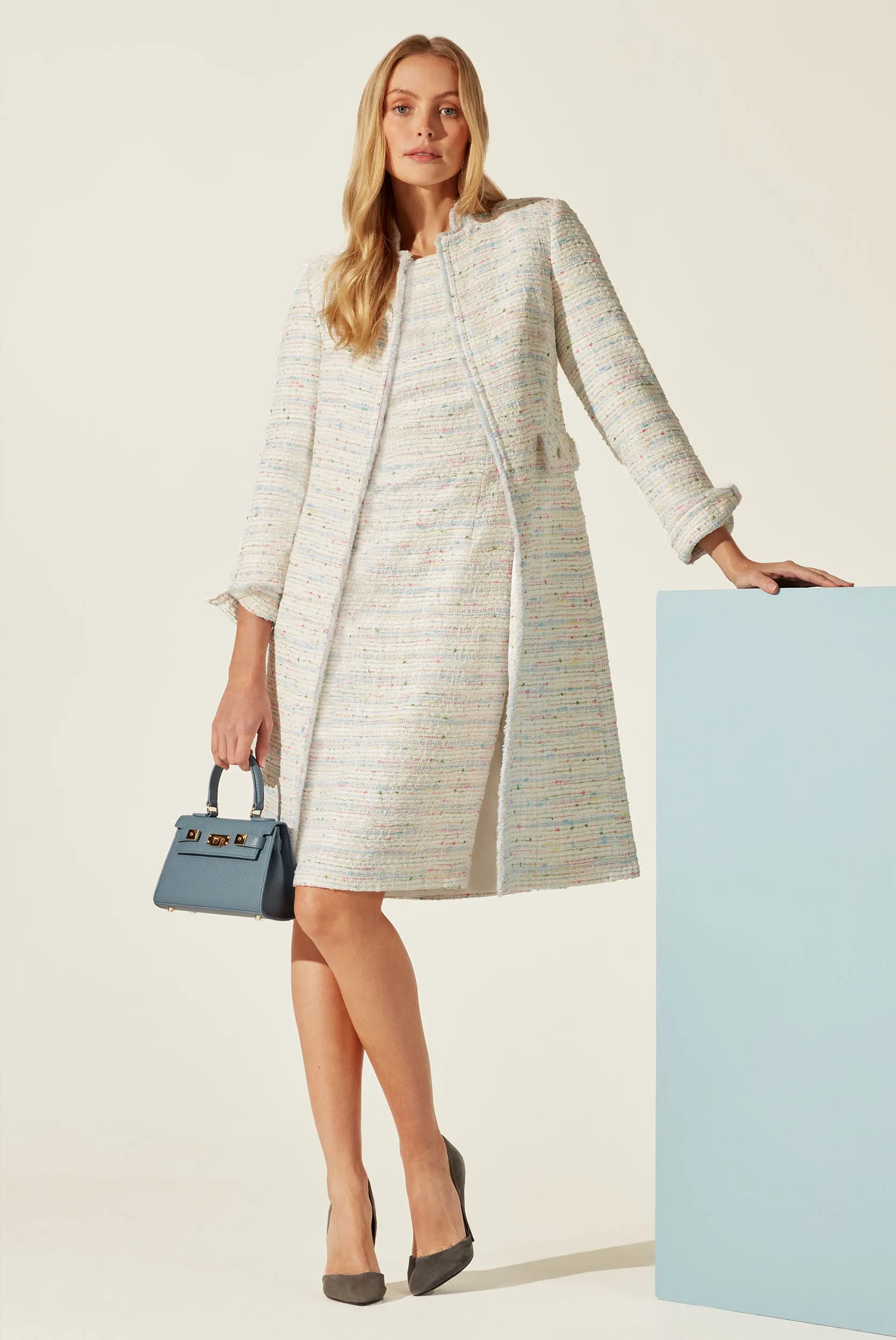 Pastel Tweed Dress Coat with Fringed Edges - Claire