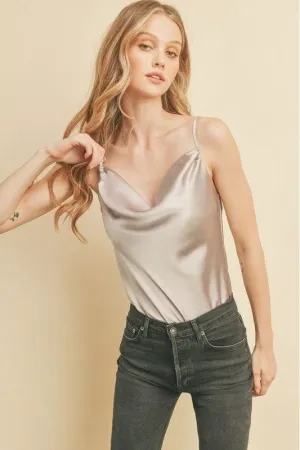 Satin Cowl Neck Bodysuit- Silver