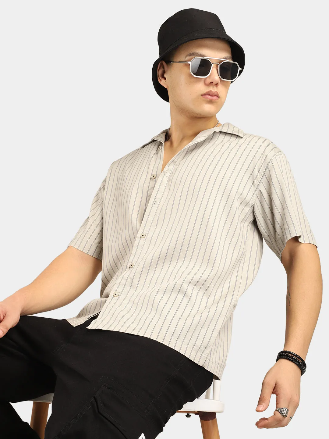 Stripe Vibe Grey Half Sleeve Shirt