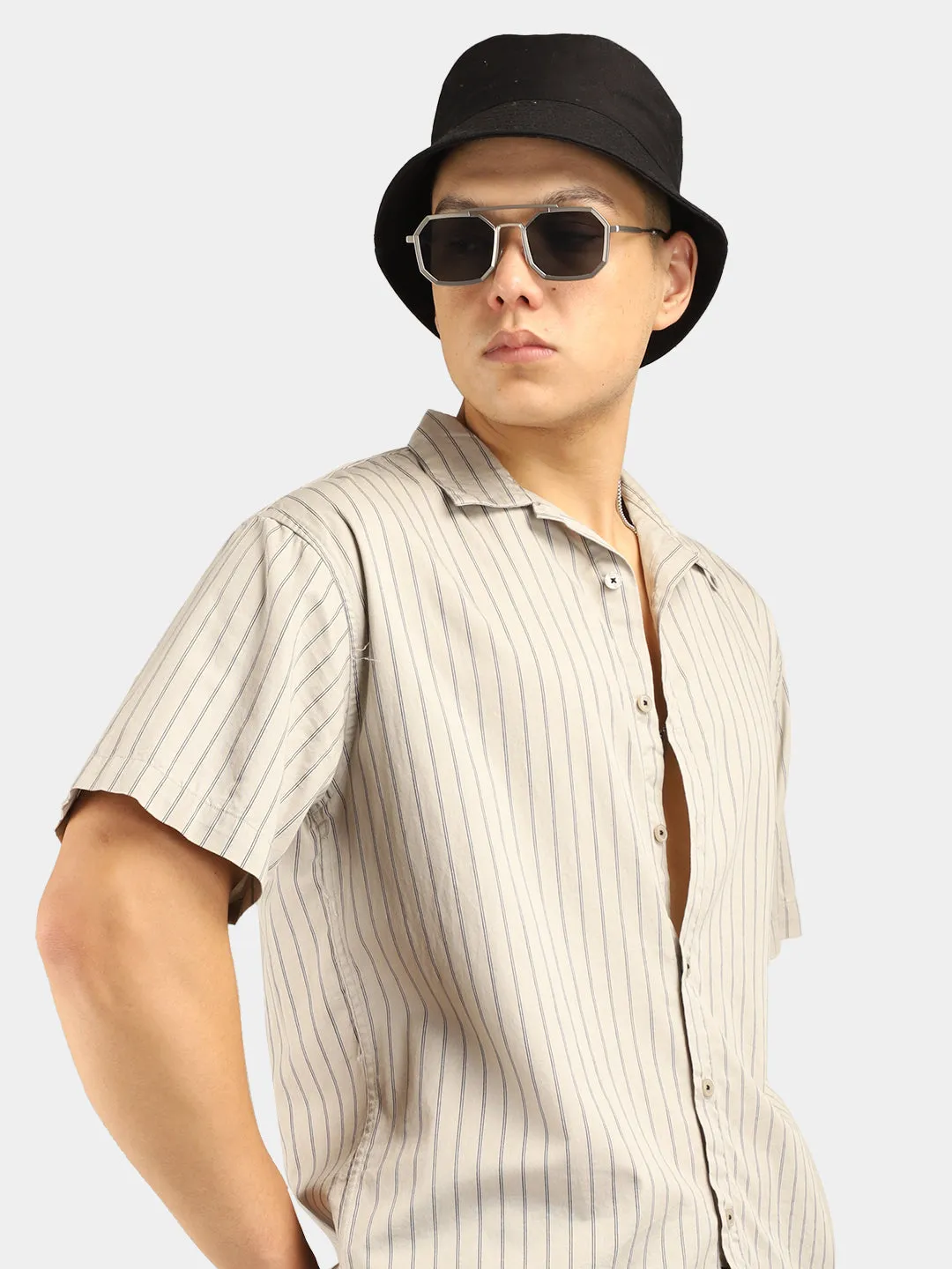 Stripe Vibe Grey Half Sleeve Shirt