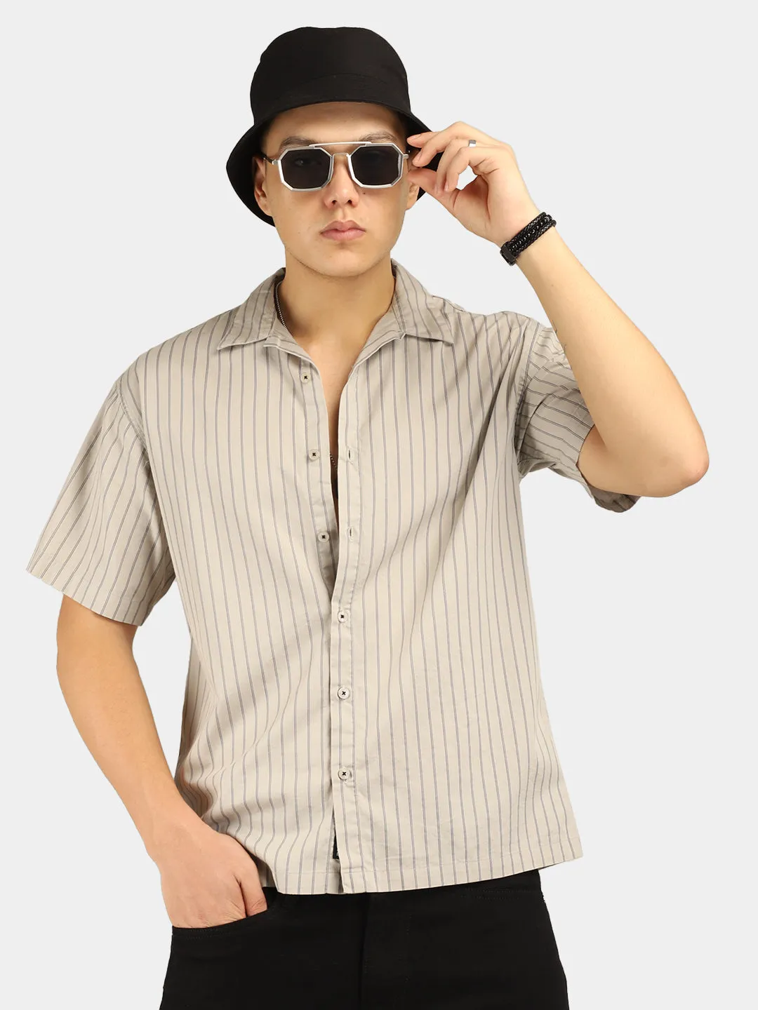 Stripe Vibe Grey Half Sleeve Shirt