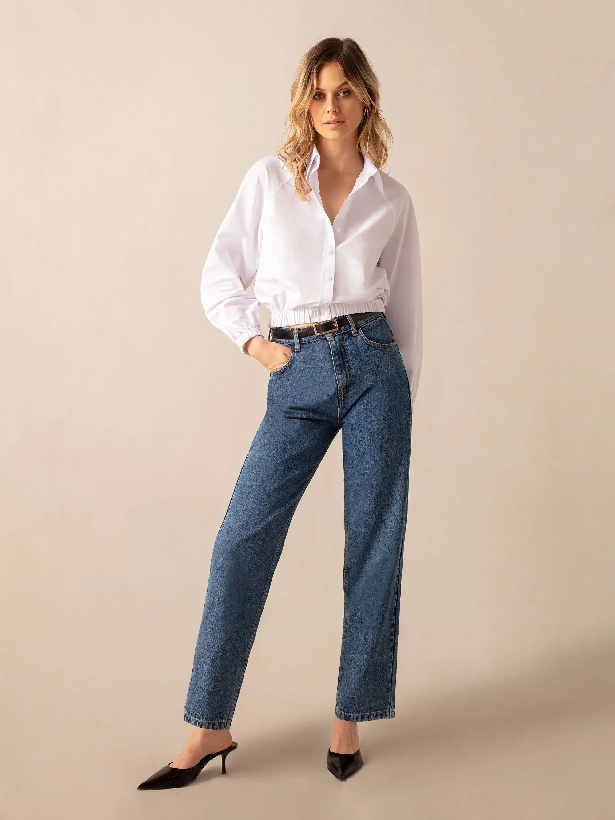 White Cotton Elastic Hem Cropped Shirt